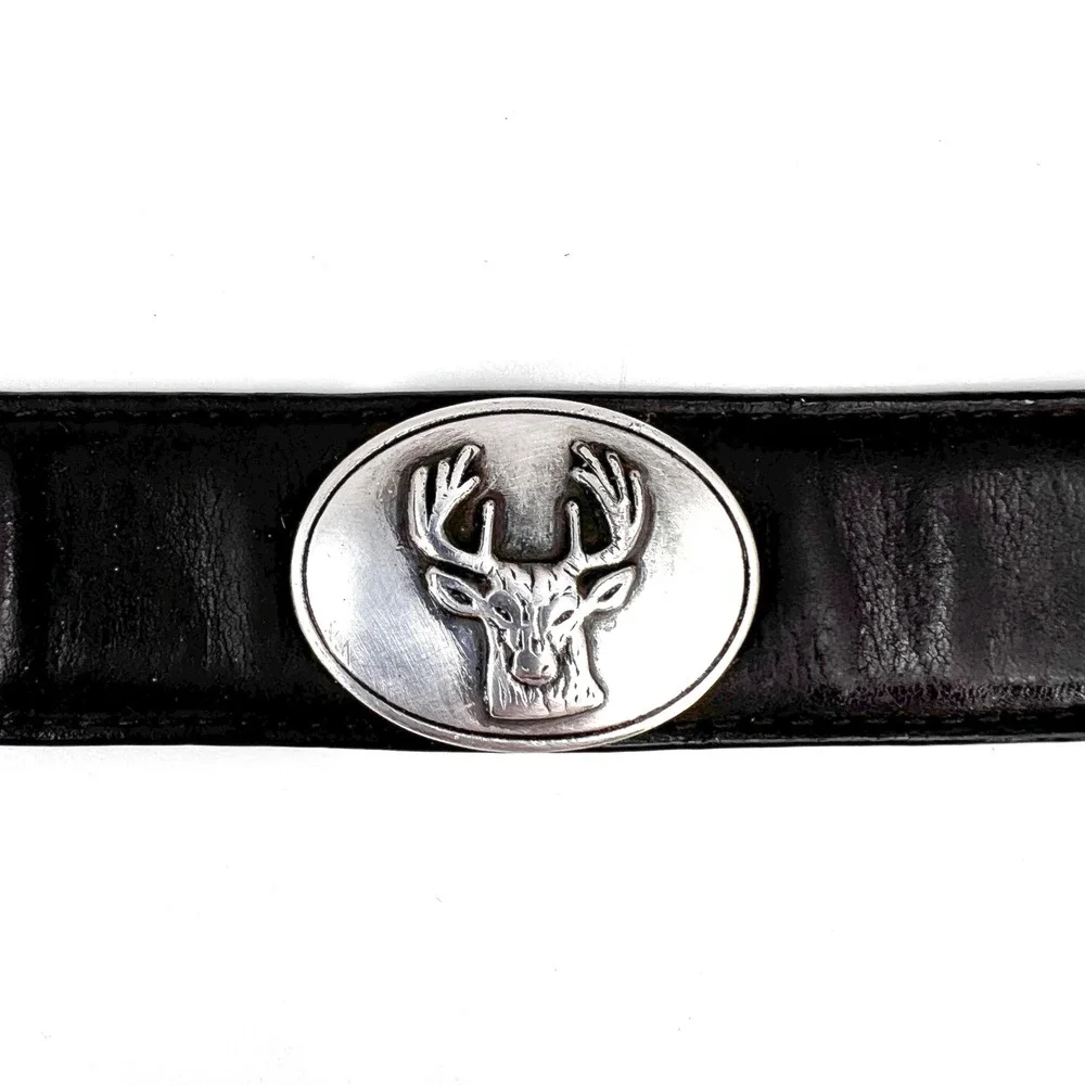 Vintage Mens Concho Belt 38 Italian Leather Western Stag Etched Pewter Brown